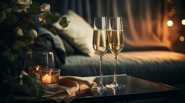 Glasses of champagne against the backdrop of a cozy interior. Generation AI