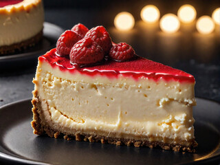 slice of divine cheesecake with raspberry broth