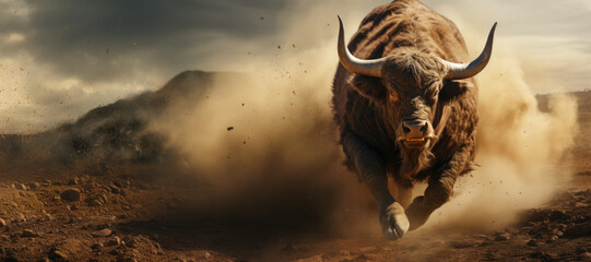 Intense Moment: Charging Bull in Dusty Landscape