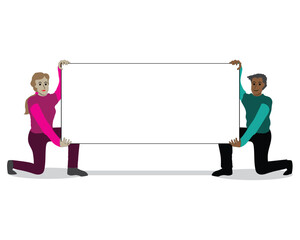 cartoon vector design of two people, namely a man and a woman holding a plain white banner or board in a rectangular shape while half sitting or squatting and facing the front