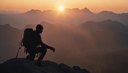 silhouette of a climber climbing a cliffy rocky mountain against the sun at sunset

