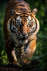 A tiger stalking its prey, focus on the eyes and posture. Vertical photo