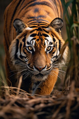 A tiger stalking its prey, focus on the eyes and posture. Vertical photo
