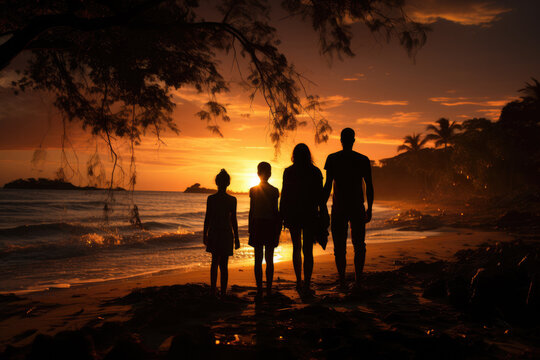 Friendly family on the background of the sea sunset, silhouettes of people