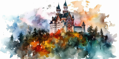 Watercolor drawing of the Neuschwanstein fortress. Generative AI.