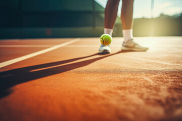 Low section of female tennis player standing on tennis court during sunny day - Powered by Adobe