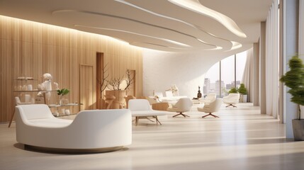 Interiors of a modern beauty and wellness healthcare, futuristic, wood, architectural awards, intricate details, minimalistic
