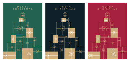 Set of Christmas Card Designs. Christmas Card Vector Template with Stack of Presents Illustration. Festive Greeting Card Design with Stack of Christmas Gifts and 'Merry Christmas' Text.  - 671232887