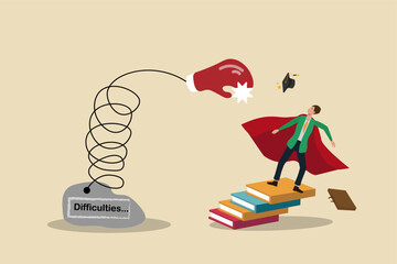 Work challenges, career or life path, unexpected event, business failure or stock market bad news surprise ,superman business man who is suddenly knocked out by a punch of a boxing glove.