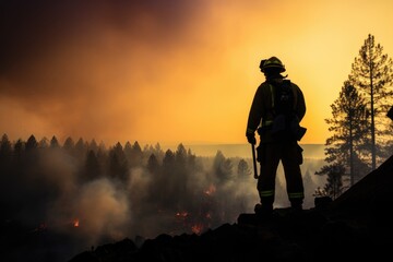 Fototapeta premium Forest fire, silhouette of firefighter