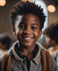 portrait of a black American boy with a friendly smile in kindergarten - obrazy, fototapety, plakaty