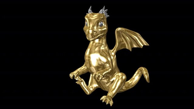 Little Golden Dragon - Holiday Fun - Side View - I - 3D Animation Loop - Blue Screen- Chinese Zodiac Animal for 2024 New Year