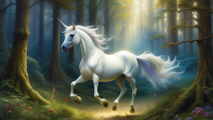 Obraz na płótnie Canvas Graceful white unicorn in a magical forest. Fantasy,fantastic world concept.Generative AI