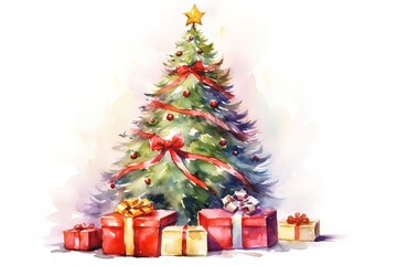 Fototapeta na wymiar Watercolor Christmas Tree isolated on white background with Gifts