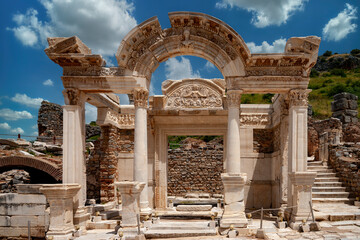 Antike Stadt Ephesus, Celsus Bibliothek und Amphiteather, Selcuk, Izmir, Türkei - obrazy, fototapety, plakaty