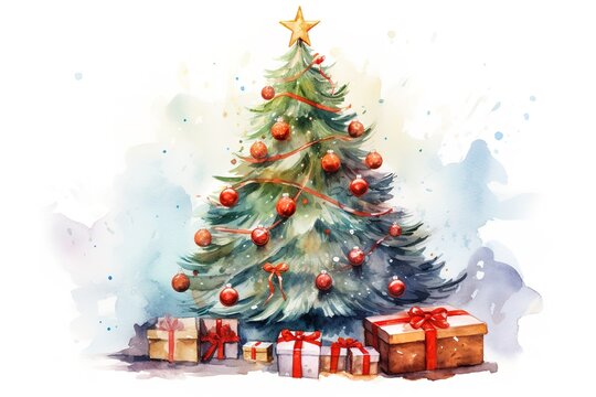 Watercolor Christmas Tree isolated on white background with Gifts