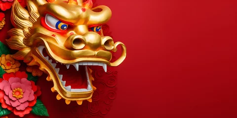 Fotobehang Colorful dragon with red background. Chinese New Year Celebration  © Gabriela