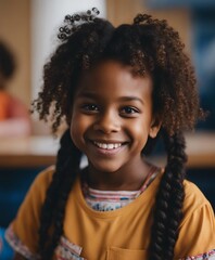 portrait of a black girl with a sincere American smile in kindergarten  