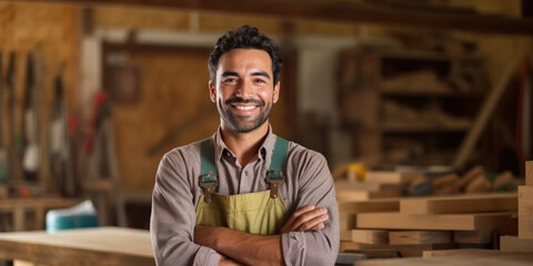 Smiling carpenter at camera, blurry background carpentry