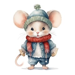 Watercolor cute christmas mouse in a hat and jacket, winter illustration