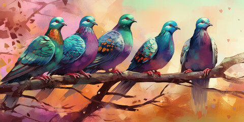 Watercolor drawing of a group of zurite pigeons perched on a branch. Generative AI.