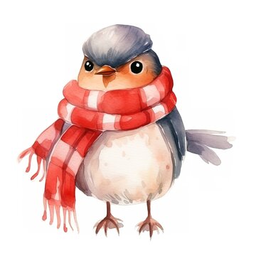 Watercolor set of winter bird in a hat and scarf. Christmas or New Year's illustration
