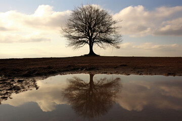 Lonely tree with reflection in water. Big tree in a field on the bank of a river or lake. Beautiful spring landscape