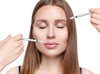 Collage of beautiful woman has an injections in face.