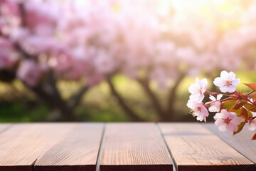 wooden table against the background of blooming sakura. pink texture with place for text. copy space. blur and bokeh.
