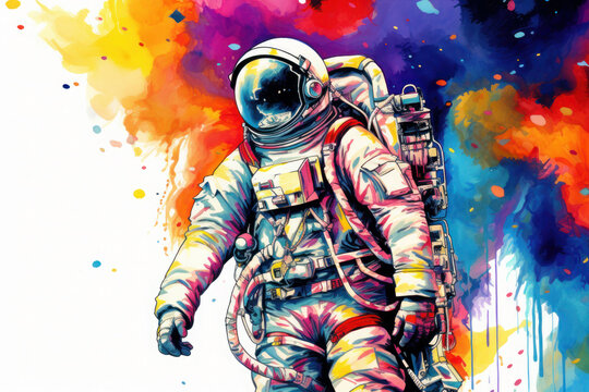 Astronaut in a bright multi-colored suit. art, spacesuit doused with paint. retro astronaut in a helmet.