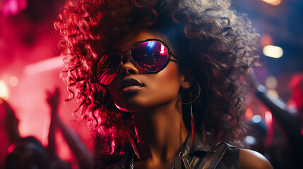 Fashion portrait of a African American beautiful woman with bright make-up and hairstyle in a nightclub and neon lights