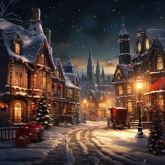 Christmas village night lighting the street when snowing.  - obrazy, fototapety, plakaty