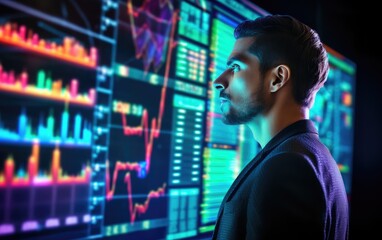 A professional trader with a confident posture standing in a futuristic classroom, interactive digital blackboard displaying complex stock charts