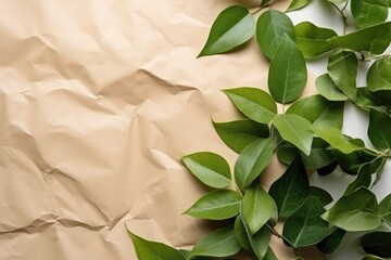 Green leaves on crumpled paper top view copy space