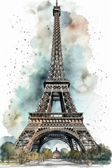 Watercolor drawing of the Eiffel Tower. Generative AI.