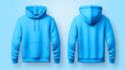 A set of blue hooded sweatshirts in front and back views is showcased on a translucent backdrop, ideal for graphic design artwork. - obrazy, fototapety, plakaty