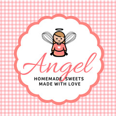 Logo Tag Halo Angel Angelical egg whisk Cake Designer Pâtissier Pastry confectioner bakery Label Delicate Cute Rose checkered texture cute heart