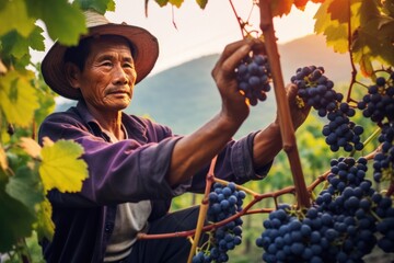 A man in a hat against a mountain backdrop picks fresh grapes