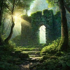 Ethereal Remnants: Enchanted Fortress Amidst the Forest
