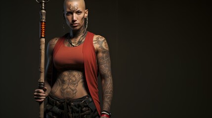 Full body tattooed muscular female monk with facial piercings, holding a bo staff. generative AI - obrazy, fototapety, plakaty