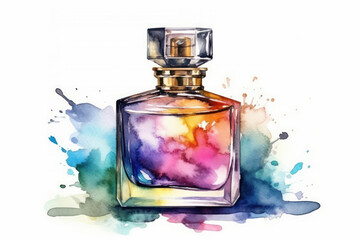 Watercolor drawing of a perfume bottle. Generative AI.