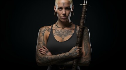 Full body tattooed muscular female monk with facial piercings, holding a bo staff. generative AI