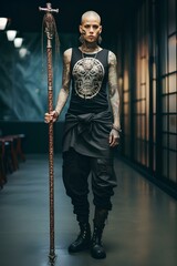 Obraz premium Full body tattooed muscular female monk with facial piercings, holding a bo staff. generative AI