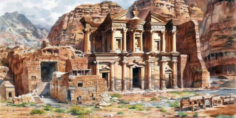 Watercolor drawing of the City of Petra. Generative AI. - obrazy, fototapety, plakaty