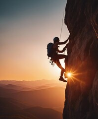 silhouette of a climber climbing a cliffy rocky mountain against the sun at sunset

 - obrazy, fototapety, plakaty