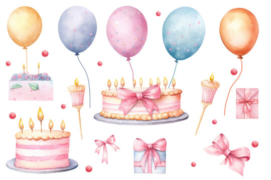 Watercolor birthday set, balloons, fires, bows and cakes, blowing out candles, isolated.