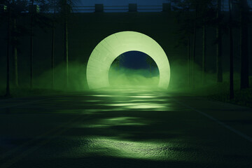 3D rendering of abstract tunnel covered by green smoke