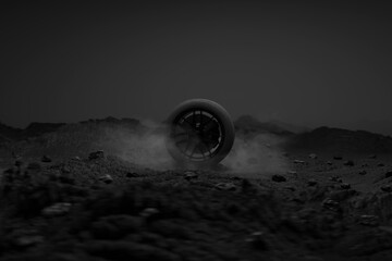 3D rendering of spinning tyre surrounded by rocks and stones