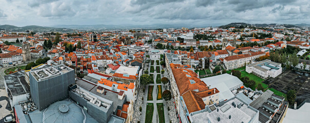 Aerial drone panoramic view of historic city of Braga in northern Portugal