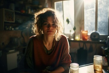 Testimonial oder Persona | Durchschnittliche junge Frau sitzt in der Küche | Athentisch und lebensnah - obrazy, fototapety, plakaty